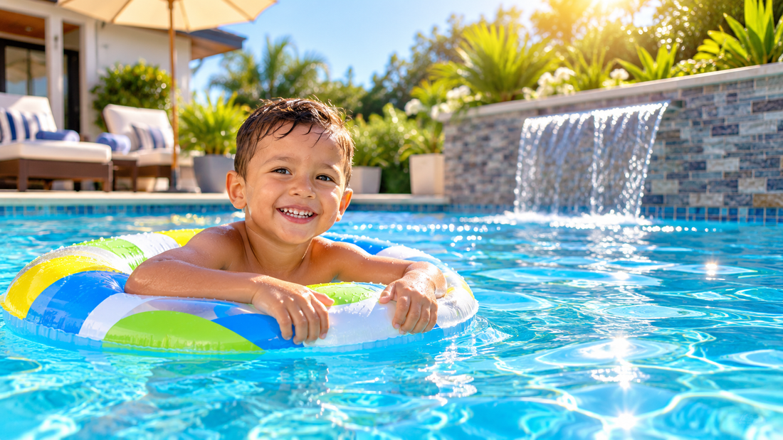 Young child smiling in a bright sunny swimming pool with sparkling blue water