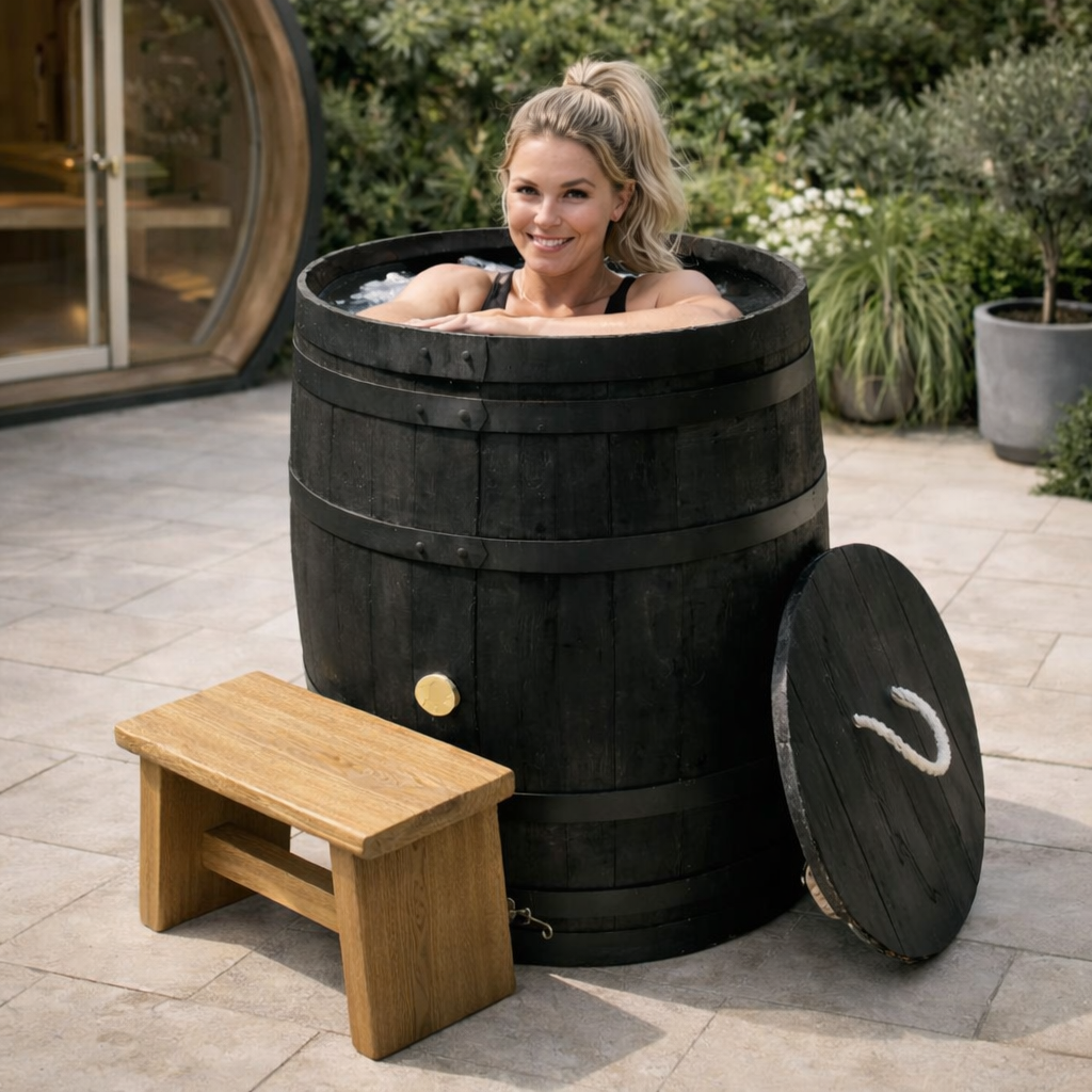 Woman using a black oak barrel ice bath