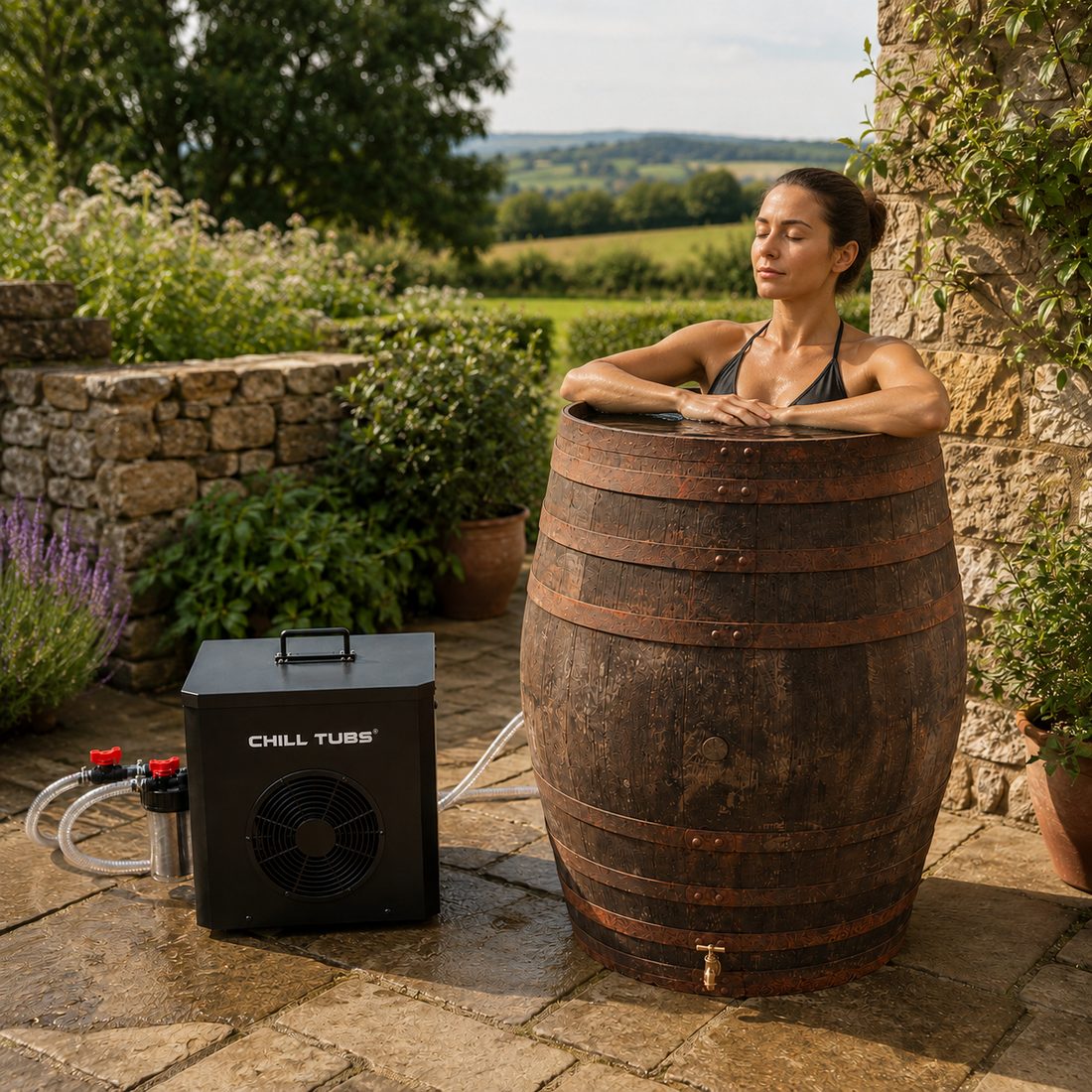 Woman in a whiskey barrel cold plunge connected to a chiller