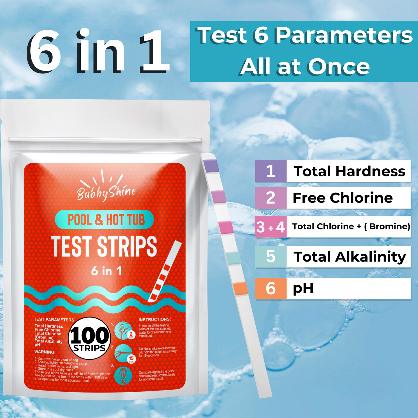 6 in 1 Hot Tub & Pool Test Strips ( 100 Pack )