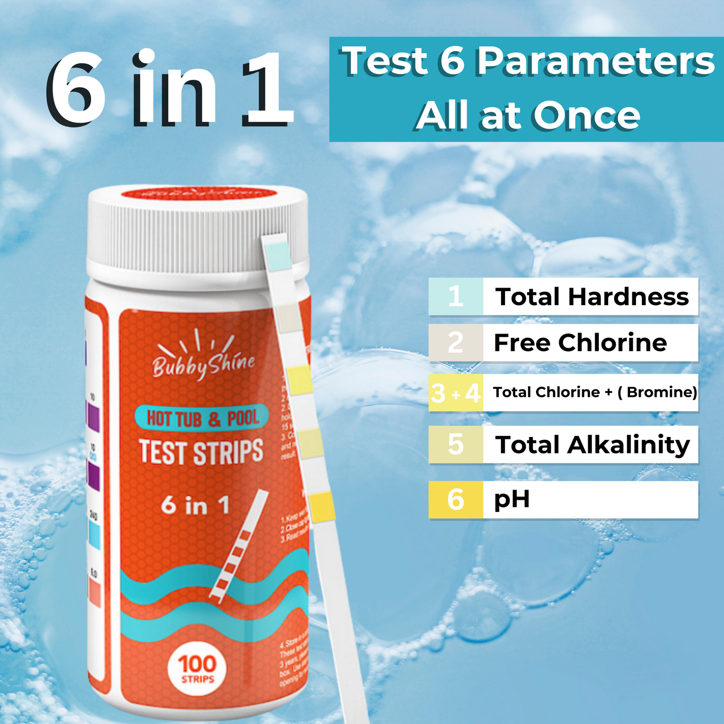 6 in 1 Hot Tub & Pool Test Strips + Cloth ( 100 Pack )