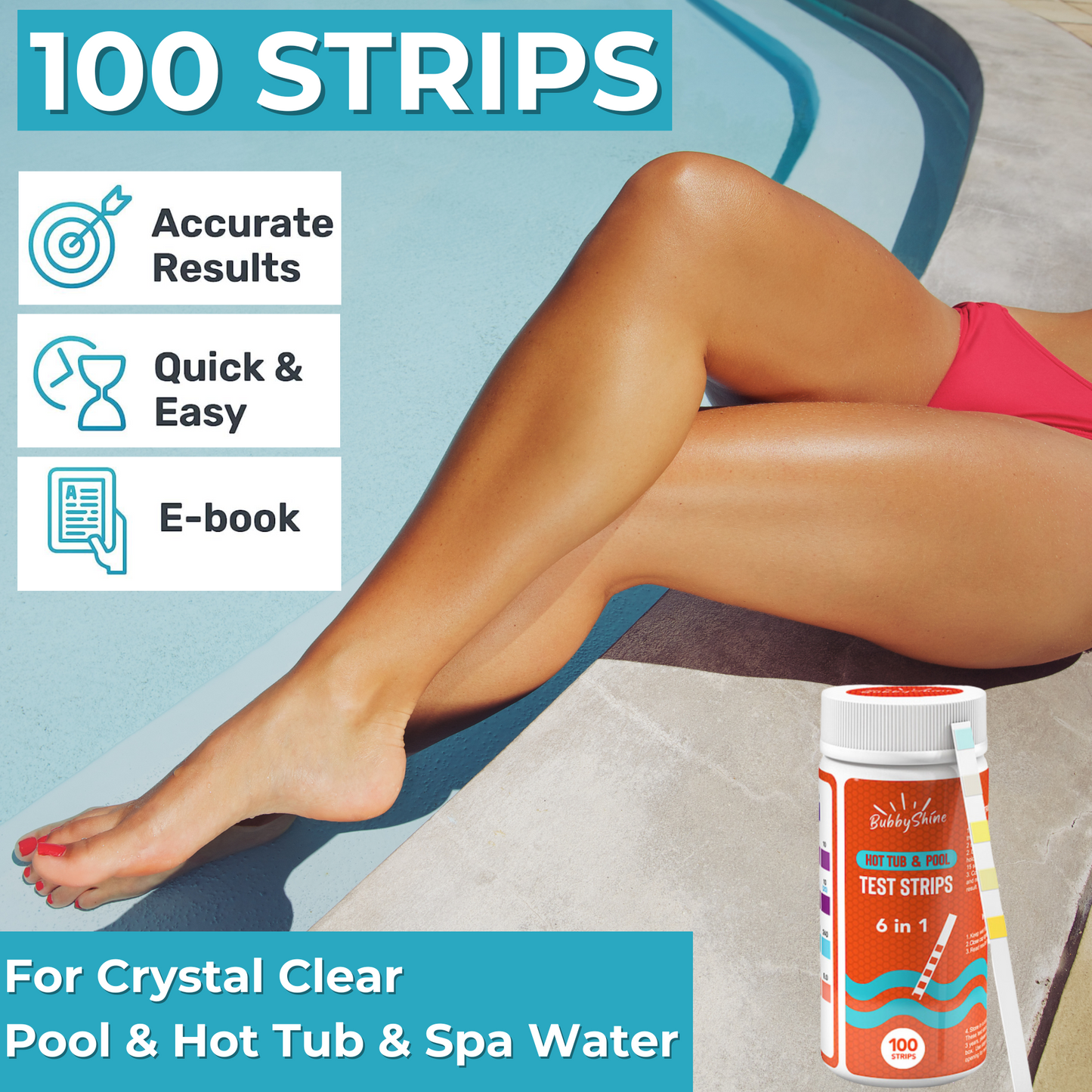 6 in 1 Hot Tub & Pool Test Strips + Cloth ( 100 Pack )