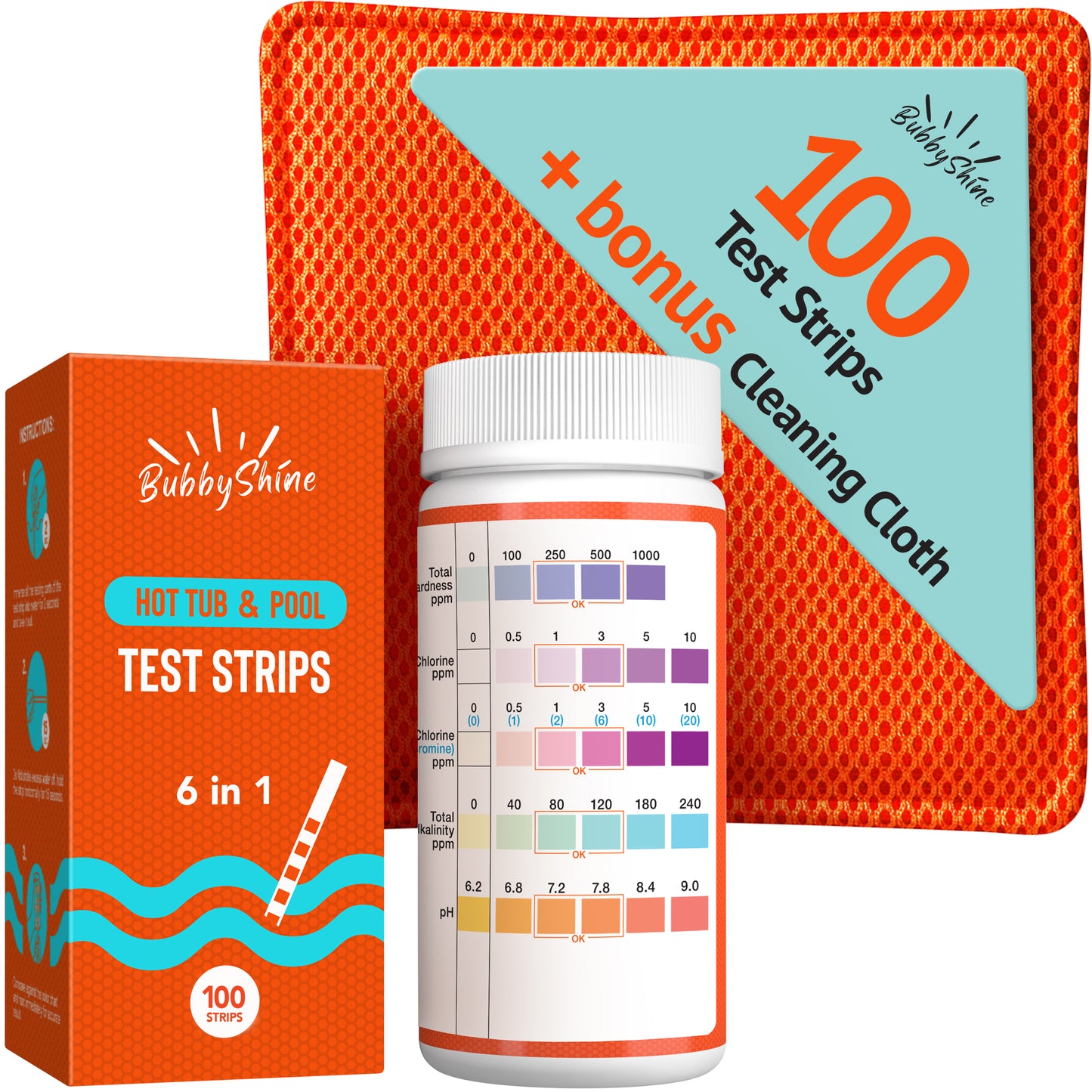 6 in 1 Hot Tub & Pool Test Strips + Cloth ( 100 Pack )