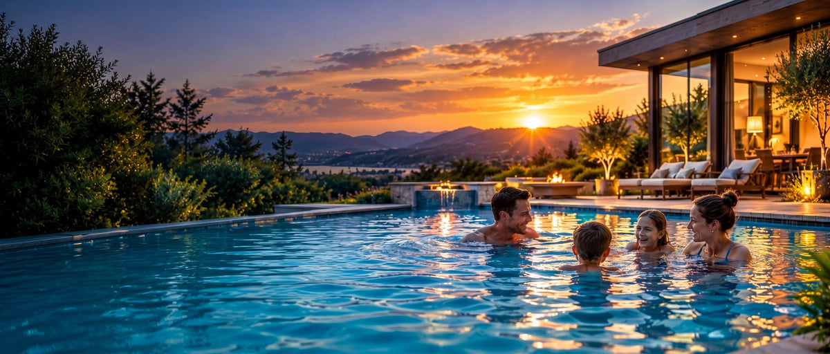 Family enjoying a luxury backyard pool at sunset